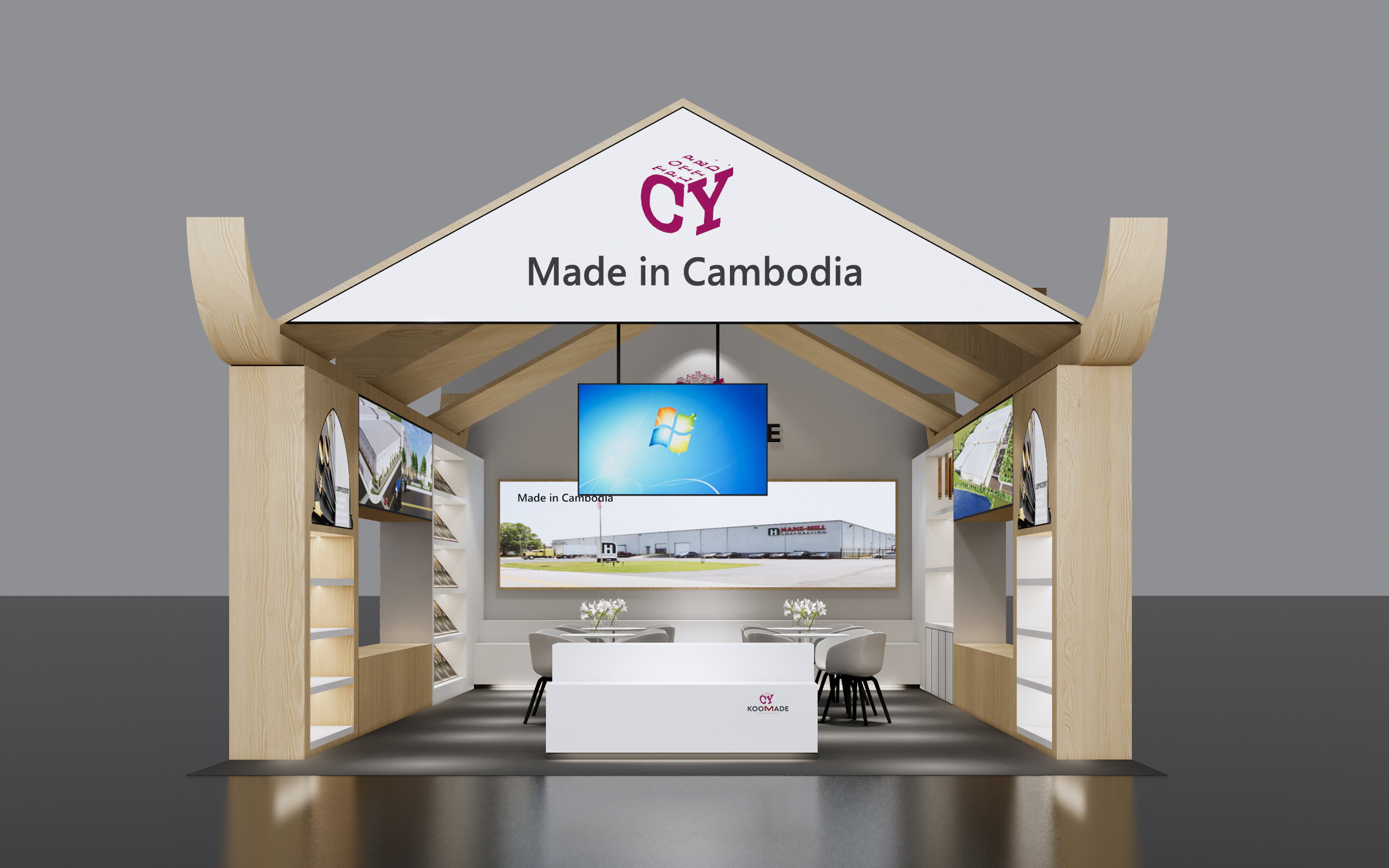 广交会设计定制效果图片-CY TOP PTE.LTD. 展台正面（木质屋顶造型与品牌标识）