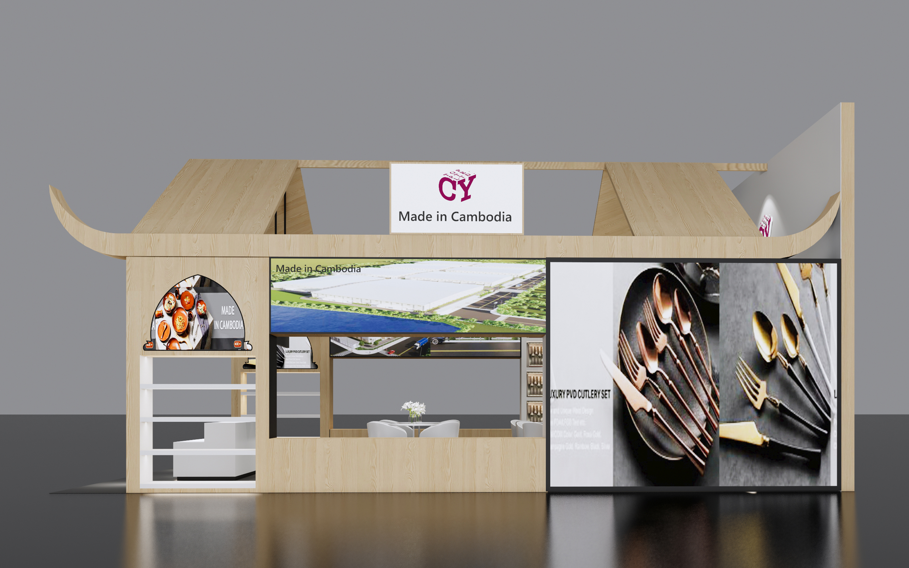 广交会设计定制效果图片-CY TOP PTE.LTD. 展台内部布局（产品展示与洽谈区）
