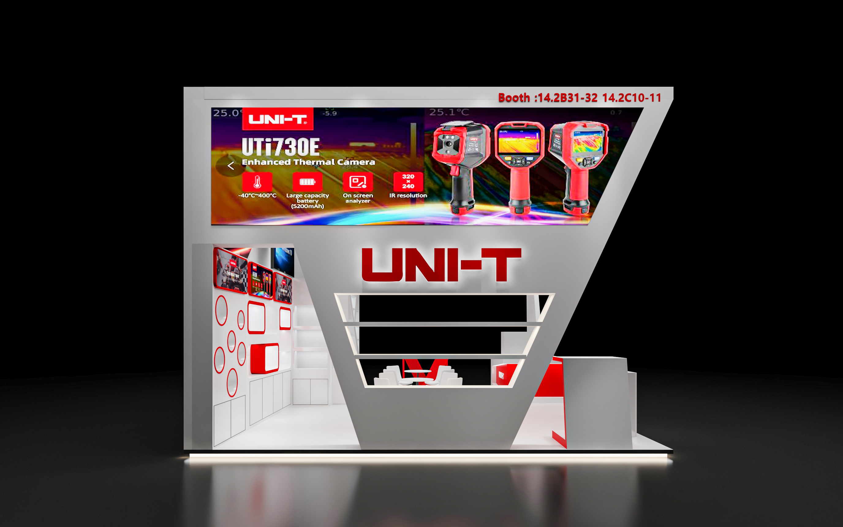 广交会布置效果图片-广交会展位设计效果图 - 优利德科技（UNI-T）展台内部布局（产品展示与洽谈区）