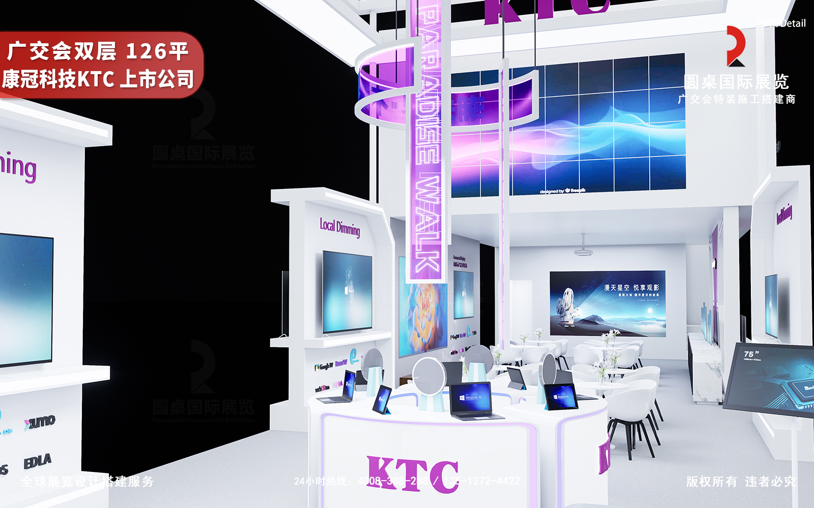 广交会双层展位设计效果图-KTC的126平展台产品分区展示